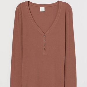 H&M Brown Ribbed Long Sleeve Size SM Henley Top
